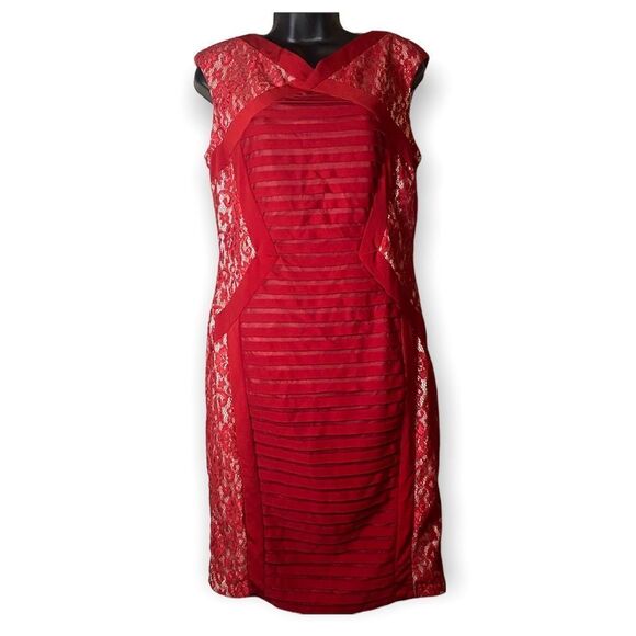 Jax Red Lace Satin Cocktail Ruched Sheath Sleeveless Sexy Dress - Picture 1 of 8